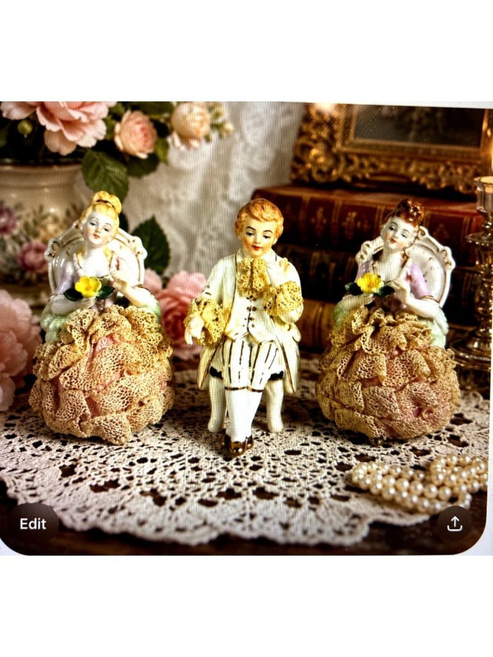 Vintage Porcelain Lace Figurine Trio Victorian Style - Picture 3 of 16